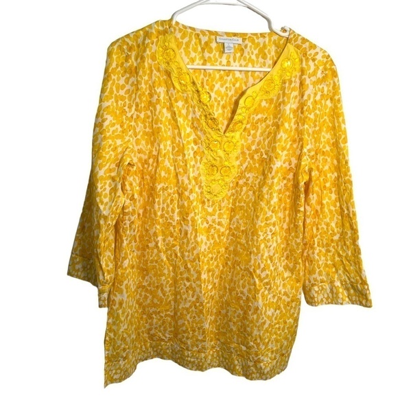 Charter Club Split Neck Tunic Top Yellow White Beaded - Picture 1 of 11